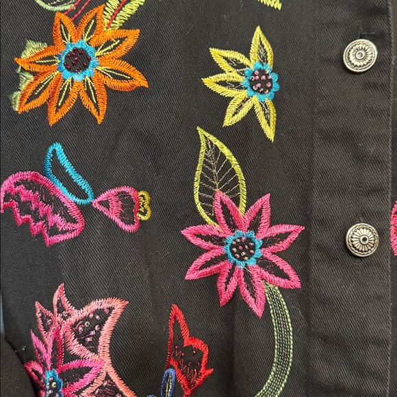 Boho Embroidered Floral Jacket Black Cotton White Stag Large - Picture 3 of 5